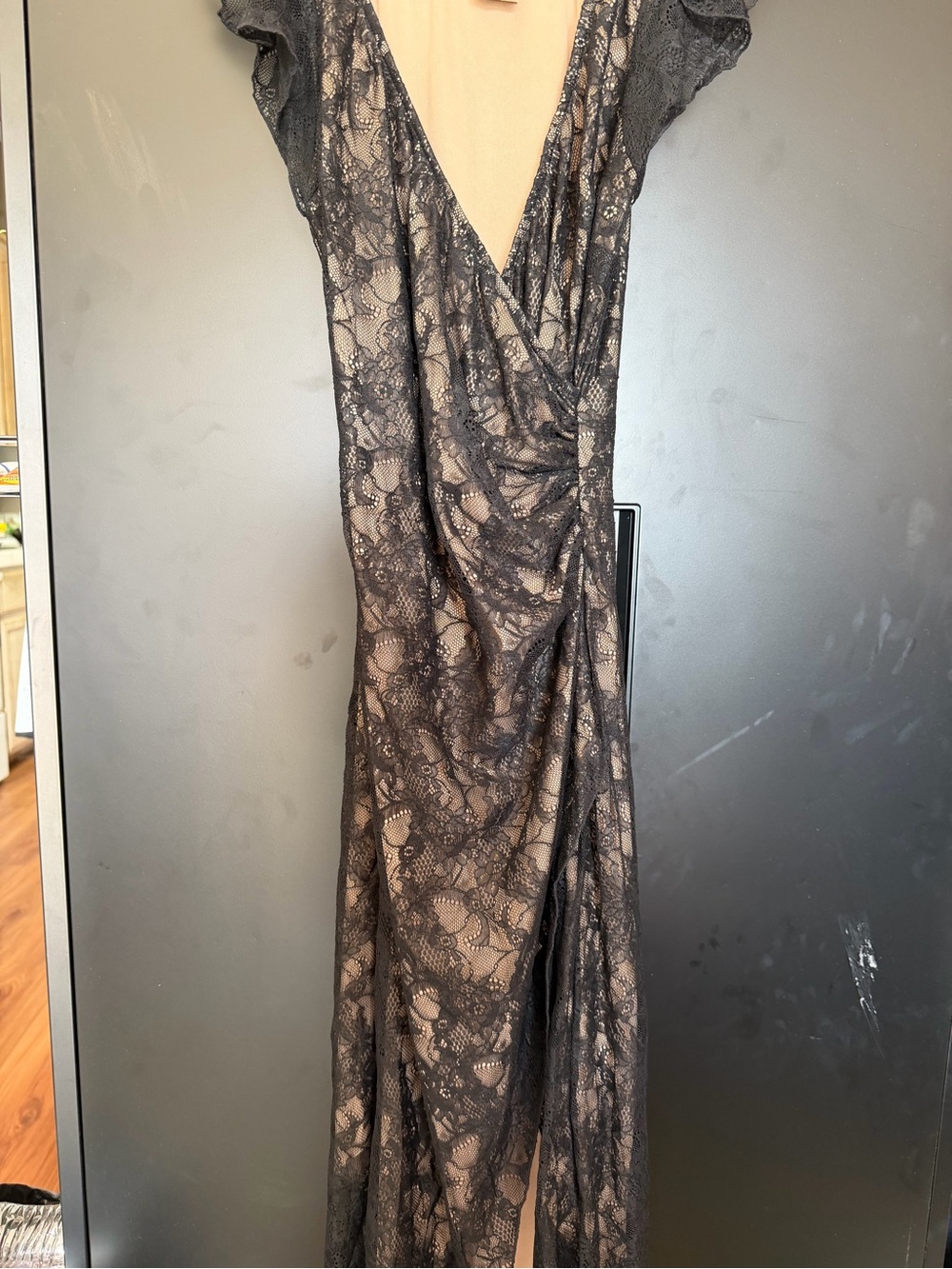Bebe vintage 90s -Y2K Black Lace Overlay Wrap Maxi Dress size medium